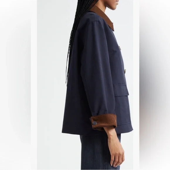 NWT Veronica Beard Arlen Corduroy Trim Barn Coat Navy Brown - Picture 6 of 12